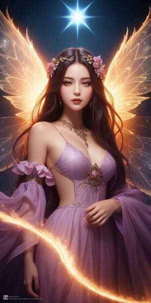 This digital artwork, likely inspired by fantasy and anime influences, presents a highly detailed and ethereal composition. The central subject is a fairy-like woman with a serene expression, adorned in an intricately designed, glowing lavender-pink dress, holding a majestic, ornate staff. Her eyes and accessories gleam radiantly, complementing her delicate wings made of light and floral elements that create a halo effect. The background features intense, mystical flames that contrast against the vibrant purples and pinks, adding a sense of otherworldly energy. The overall scene combines elements of magic and elegance, evoking a dreamlike, majestic atmosphere.,1 girl ,anime