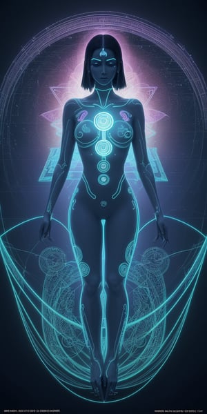 This is a digital art piece by artist Algomystic. The composition centers on a futuristic, glowing, humanoid figure in a meditation pose. The figure is composed of intricate patterns and symbols that glow in neon colors. The background features a dark, digital matrix with various symbols and codes cascading vertically. The overall style evokes a fusion of cyber technology and spirituality, presenting a harmonious blend of the organic and the digital. The visually rich details invite contemplation on the intersection of human consciousness and digital evolution.