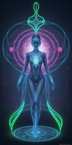 This is a digital art piece by artist Algomystic. The composition centers on a futuristic, glowing, humanoid figure in a meditation pose. The figure is composed of intricate patterns and symbols that glow in neon colors. The background features a dark, digital matrix with various symbols and codes cascading vertically. The overall style evokes a fusion of cyber technology and spirituality, presenting a harmonious blend of the organic and the digital. The visually rich details invite contemplation on the intersection of human consciousness and digital evolution.