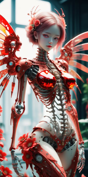 1 girl, body constructed by intricate transparent color glass skeleton and mechanical parts and also covered by red flowers,  
pearls, fashion, mechanical wings, unreal engine, masterpiece, Leica M6,Tamron 70-200 mm,70 mm, f/1.8.,Vibrant colors palettes,girl,cyborg style