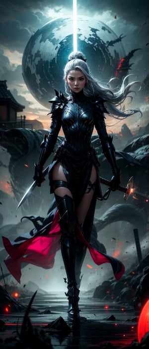 <image>In this otherworldly scene, (an ethereal beauty clad in the armor of a samurai), (her graceful figure adorned with the markings of a venom symbiote). (Her long silver hair flows behind her, dancing in the unearthly wind). (She wields a glowing blue katana with deadly precision), (the blade slashing through the air in a graceful arc). (A mechanized suit of armor, (almost organic in its design), (covers her lower body, its joints moving with an otherworldly fluidity). (Her face remains stoic and unyielding, focused on the enemy before her).

(In the background, (a bizarre alien landscape), (with towering crystalline structures and (shimmering fields of energy)). (The sky above is a swirling vortex of colors, (as if the very fabric of reality is being warped and twisted)). (The air crackles with the energy of an impending storm). (Suddenly, a beam of light cuts through the sky, striking the ground nearby). (The impact sends a shockwave rippling across the landscape, causing the samurai lady to lose her balance for a moment). (She regains her composure quickly, (focusing on the task at hand))). (As she prepares to deliver the final blow), (a small, glowing orb flies out of nowhere and attaches itself to her back). (The orb pulses with energy, (healing her wounds and replenishing her strength)). (With renewed vigor), (she completes her attack, decapitating her foe). (The headless body crumples to the ground, (as the venomous symbiote detaches itself and floats off into the distance)). (The samurai lady turns away from the battle, (her work now done)). (She walks towards the horizon, (her figure slowly fading into the distance)), (as if she was never there at all),venom