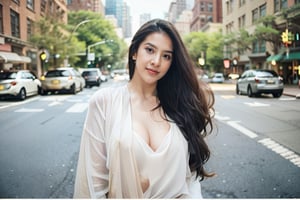  cute young attractive american teen girl, big boobs, gorgeous face , golden ratio   19 years old, cute ,beautiful soft flowing hair, emotional depth, confidence ,Young beauty spirit ,more detailed, white skin, indian ethnic wear, 1 girl,Sexy Pose, street of new york