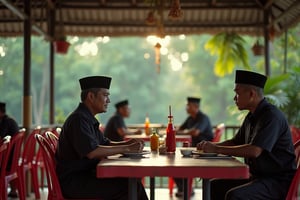 Trail cam footage,very spectacular realistic artistic still image  in the style of realistic malaysian culture, View in the morning day, few muslim malay people is take a breakfast at kopitiam/warung, red plastic chair,a ketchup and pepper bottle on a table, at malay village view, 80's vibe,polaroid, uhd image, Malaysia,tropica forest,