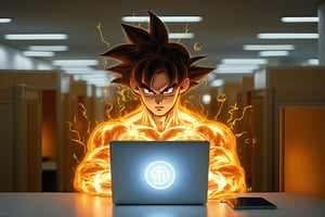 Goku's radiant physique glows with an electrifying aura as he sits intently in front of a modern laptop, its screen reflecting his worried expression amidst the sterile office environment. His superhuman features seem almost otherworldly against the drab backdrop of beige cubicles and fluorescent lighting. A furrowed brow and tightly pursed lips convey the weight of his concerns as he gazes at the computer's glowing screen,AniReal,illustration