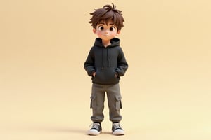 This is a CGI rendering of a young, anime-style boy with short, tousled brown hair and a determined expression. He wears a black hoodie, gray cargo pants, and black Converse sneakers with white laces. His hands are in his pockets, and he stands against a plain, light beige background. The lighting is soft and even, casting gentle shadows, and the camera angle is straight-on at eye level.