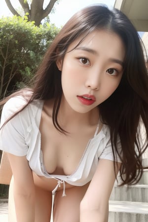 (masterpiece, best quality, ultra-detailed, 8K, ), high detail, 1girl, woman, ((asian young beautiful girl)), bokeh background, soothing tones:1.3), low saturation, High detailed, ((), (()), ,seethru,  holding red packet, nsfw, ((small breast)),nipslip,downblouse, white bra inside ,loose t-shirt,wldck,leaning forward,WaveMiu,bra lift