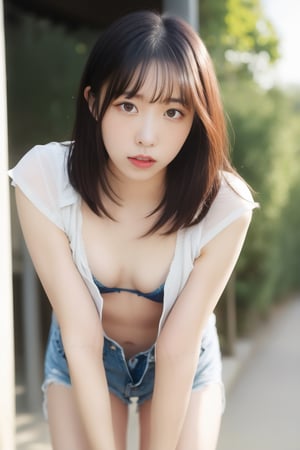 (masterpiece, best quality, ultra-detailed, 8K, ), high detail, 1girl, woman, ((asian young beautiful girl)), bokeh background, soothing tones:1.3), low saturation, High detailed, ((), (()), ,seethru,  holding red packet, nsfw, ((small breast)),nipslip,downblouse, white bra inside ,loose t-shirt,wldck,leaning forward,WaveMiu,bra lift
