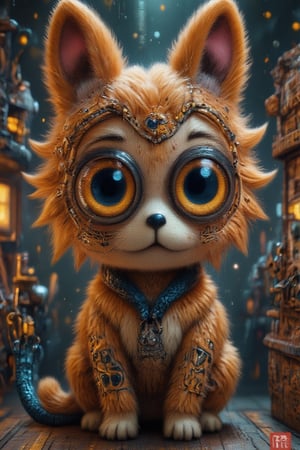 FLUFFY ANIMAL WITH BIG EYES, BLUE LEASH ON THE NECK, IN STEAM PUNK STYLE,