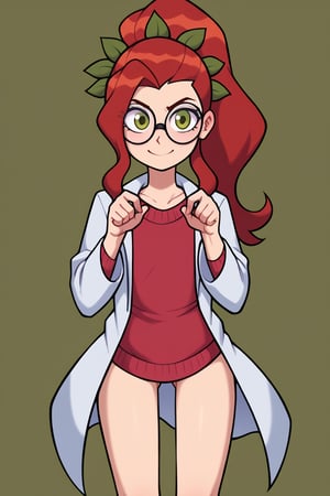score_9, score_8_up, score_7_up, score_6_up, score_5_up, score_4_up, Loli, girl, skinny, slim build, Shorty, absurdly skinny body, 

poison ivy(DC), green eyes, red hair, long hair, ponytail, fluffy ponytail, light green skin, prickly vines on clothes, prickly vines in hair, white lab coat, black glasses, round glasses, unruly hair, red sweater, serious expression, cold expression, playful smile, small glasses, test tube in hand, bulging hips, sexy hips, flaunting hips, His left hand is in his pocket,

playing pose, full body panorama, game background, thorny vines on the background, dark green background,

,