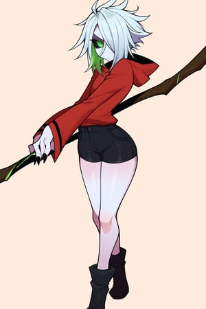 score_9, score_8_up, score_7_up, score_6_up, score_5_up, score_4_up, Loli, skinny, slim build, Yaga, white hair, long hair, disheveled hair, dirty hair, colored skin, dark gray skin, green eyes, scarlet hair tips, acid green sclera, acid green eyes, eyes, eyes shining with green magic, eyes shining with acid green light, no pupils, no iris, empty eyes, no mouth, no lips, faceless face, scarlet cloak, simple cloak, ragged at the edges of the cloak, hood thrown over, straight posture, sharp fingers, black nails, small claws, bulging hips, sexy hips, flaunting hips, wooden staff, simple staff, the staff is clenched in the right hand, the staff rests with the heel on the ground, a full-length panorama of the body, playing position, simple black shorts, fabric shorts, contrast,

,