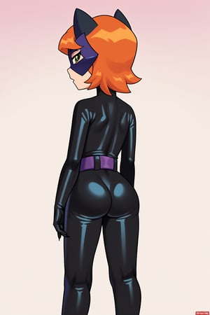 score_9, score_8_up, score_7_up, score_6_up, score_5_up, score_4_up, Loli, skinny, slim build, Gwen Tennyson, green eyes, orange hair, cat girl, black latex suit, tight kitty costume, black heroic eye mask, purple-edged mask, feline heroic mask, purple belt, purple gloves, lucky girl costume, neutral image, emotionless expression, neutral expression, stands with her back, straight posture, sharp fingers, black nails, small claws, rounded ass, bubble ass, sexy ass, flaunting ass,

,gwen