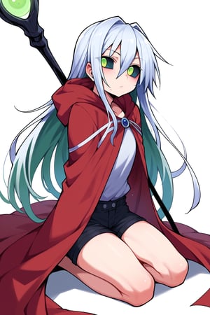 score_9, score_8_up, score_7_up, score_6_up, score_5_up, score_4_up, Loli, skinny, slim build, Yaga, white hair, long hair, disheveled hair, dirty hair, colored skin, dark gray skin, green eyes, scarlet hair tips, acid green sclera, acid green eyes, eyes, eyes shining with green magic, eyes shining with acid green light, no pupils, no iris, empty eyes, no mouth, no lips, faceless face, scarlet cloak, simple cloak, ragged at the edges of the cloak, hood thrown over, straight posture, sharp fingers, black nails, small claws, bulging hips, sexy hips, flaunting hips, wooden staff, simple staff, the staff is clenched in the right hand, the staff rests with the heel on the ground, a full-length panorama of the body, playing position, simple black shorts, fabric shorts, contrast,

,