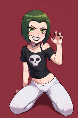 score_9, score_8_up, score_7_up, score_6_up, score_5_up, score_4_up, Loli, girl, skinny, slim build, Shorty, absurdly skinny body, 

Raven, lite skin, green eyes, black-green hair, hair that glows green, short hair, chin-length hair, perfectly straight hairline, perfectly straight bangs, getsugao, baring his teeth, playful expression, evil smile, fun, indifferent expression, emotionless expression, year, skull, skull clip, piercing, black lipstick, black nails, short T-shirt, bare tummy, thin belly, gothic attributes, bare shoulders, thin straps, collarbones, white trousers, tight clothes, bulging hips, sexy hips, flaunting hips, 

playing pose, full body panorama, dark-red background, 

,