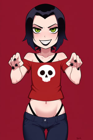 score_9, score_8_up, score_7_up, score_6_up, score_5_up, score_4_up, Loli, girl, skinny, slim build, Shorty, absurdly skinny body, 

Raven, lite skin, green eyes, black hair, hair that glows green, short hair, chin-length hair, perfectly straight hairline, perfectly straight bangs, getsugao, baring his teeth, playful expression, evil smile, fun, indifferent expression, emotionless expression, year, skull, skull clip, piercing, black lipstick, black nails, short T-shirt, bare tummy, thin belly, gothic attributes, bare shoulders, thin straps, collarbones, white trousers, tight clothes, bulging hips, sexy hips, flaunting hips, 

playing pose, full body panorama, dark-red background, 

,