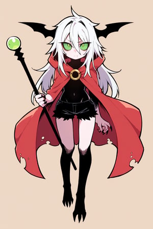 score_9, score_8_up, score_7_up, score_6_up, score_5_up, score_4_up, Loli, skinny, slim build, Yaga, white hair, long hair, disheveled hair, dirty hair, colored skin, dark gray skin, green eyes, scarlet hair tips, acid green sclera, acid green eyes, eyes, eyes shining with green magic, eyes shining with acid green light, no pupils, no iris, empty eyes, no mouth, no lips, faceless face, scarlet cloak, simple cloak, ragged at the edges of the cloak, hood thrown over, straight posture, sharp fingers, black nails, small claws, bulging hips, sexy hips, flaunting hips, wooden staff, simple staff, the staff is clenched in the right hand, the staff rests with the heel on the ground, a full-length panorama of the body, playing position, simple black shorts, fabric shorts, contrast,

,