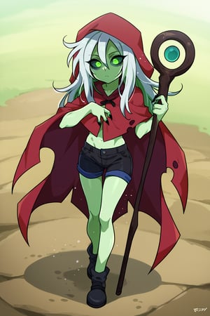 score_9, score_8_up, score_7_up, score_6_up, score_5_up, score_4_up, Loli, skinny, slim build, Yaga, white hair, long hair, disheveled hair, dirty hair, colored skin, dark gray skin, green eyes, scarlet hair tips, acid green sclera, acid green eyes, eyes, eyes shining with green magic, eyes shining with acid green light, no pupils, no iris, empty eyes, no mouth, no lips, faceless face, scarlet cloak, simple cloak, ragged at the edges of the cloak, hood thrown over, straight posture, sharp fingers, black nails, small claws, bulging hips, sexy hips, flaunting hips, wooden staff, simple staff, the staff is clenched in the right hand, the staff rests with the heel on the ground, a full-length panorama of the body, playing position, simple black shorts, fabric shorts, contrast,

,