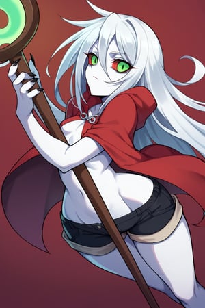 score_9, score_8_up, score_7_up, score_6_up, score_5_up, score_4_up, Loli, skinny, slim build, Yaga, white hair, long hair, disheveled hair, dirty hair, colored skin, dark gray skin, green eyes, scarlet hair tips, acid green sclera, acid green eyes, eyes, eyes shining with green magic, eyes shining with acid green light, no pupils, no iris, empty eyes, no mouth, no lips, faceless face, scarlet cloak, simple cloak, ragged at the edges of the cloak, hood thrown over, straight posture, sharp fingers, black nails, small claws, bulging hips, sexy hips, flaunting hips, wooden staff, simple staff, the staff is clenched in the right hand, the staff rests with the heel on the ground, a full-length panorama of the body, playing position, simple black shorts, fabric shorts, contrast,

,