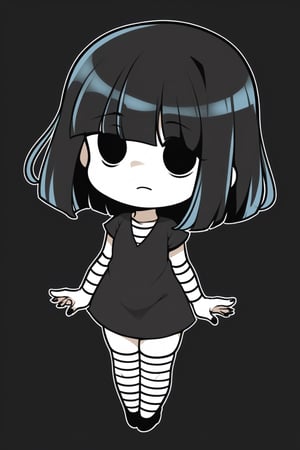 score_9, score_8_up, score_7_up, score_6_up, score_5_up, score_4_up, Loli, shorty, chibi, absurdly small body, short woman,

lusy laud, no eyes, black hair, shoulder length hair, bangs hide eyes, disheveled hair, straight hair, dark gray skin, stockings, black and white striped stockings, goth, black dress, black nails, sexy hips, sexy breasts, neutral image, impassive facial expression, calm expression, monochrome

full body panorama, game pose, game background, red and black background, shadows on the background,

,