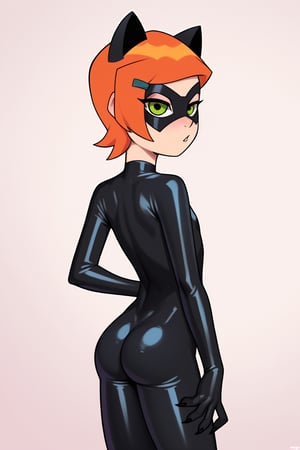 score_9, score_8_up, score_7_up, score_6_up, score_5_up, score_4_up, Loli, skinny, slim build, Gwen Tennyson, green eyes, orange hair, cat girl, black latex suit, tight kitty costume, black heroic eye mask, lucky guest, neutral image, emotionless expression, neutral expression, stands with her back, straight posture, sharp fingers, black nails, small claws, rounded ass, bubble ass, sexy ass, flaunting ass,

,gwen