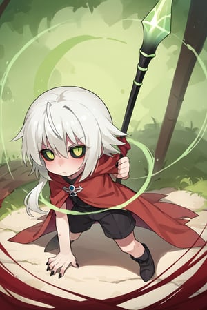 score_9, score_8_up, score_7_up, score_6_up, score_5_up, score_4_up, Loli, skinny, slim build, Yaga, white hair, long hair, disheveled hair, dirty hair, colored skin, dark gray skin, green eyes, scarlet hair tips, acid green sclera, acid green eyes, eyes, eyes shining with green magic, eyes shining with acid green light, no pupils, no iris, empty eyes, no mouth, no lips, faceless face, scarlet cloak, simple cloak, ragged at the edges of the cloak, hood thrown over, straight posture, sharp fingers, black nails, small claws, bulging hips, sexy hips, flaunting hips, wooden staff, simple staff, the staff is clenched in the right hand, the staff rests with the heel on the ground, a full-length panorama of the body, playing position, simple black shorts, fabric shorts, contrast,

,