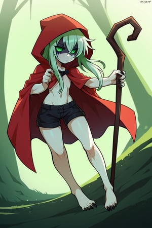 score_9, score_8_up, score_7_up, score_6_up, score_5_up, score_4_up, Loli, skinny, slim build, Yaga, white hair, long hair, disheveled hair, dirty hair, colored skin, dark gray skin, green eyes, scarlet hair tips, acid green sclera, acid green eyes, eyes, eyes shining with green magic, eyes shining with acid green light, no pupils, no iris, empty eyes, no mouth, no lips, faceless face, scarlet cloak, simple cloak, ragged at the edges of the cloak, hood thrown over, straight posture, sharp fingers, black nails, small claws, bulging hips, sexy hips, flaunting hips, wooden staff, simple staff, the staff is clenched in the right hand, the staff rests with the heel on the ground, a full-length panorama of the body, playing position, simple black shorts, fabric shorts, contrast,

,