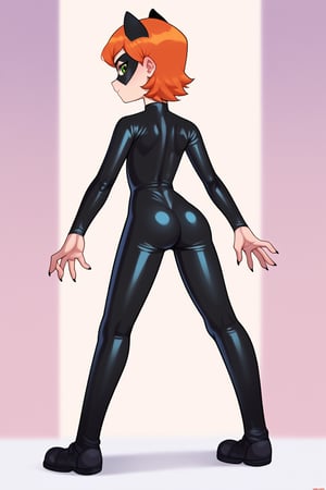 score_9, score_8_up, score_7_up, score_6_up, score_5_up, score_4_up, Loli, skinny, slim build, Gwen Tennyson, green eyes, orange hair, cat girl, black latex suit, tight kitty costume, black heroic eye mask, lucky guest, neutral image, emotionless expression, neutral expression, stands with her back, straight posture, sharp fingers, black nails, small claws, rounded ass, bubble ass, sexy ass, flaunting ass,

,gwen