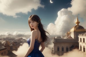 best quality, masterpiece, beautiful and aesthetic, 1 girl, very bright backlighting, solo, {beautiful and detailed eyes}, dazzling moonlight, calm expression, natural and soft light, hair blown by the breeze, delicate facial features, Blunt bangs, beautiful korean girl, eye smile, very small earrings,(,18yo, film grain, realhands, shy smile, Realism, looking towards me, body towards me, fantasy landscape, Full length view, half body view, front shot, eye level shot, fantasy background, friendly setting, red and blue dress with gold oranments,  in a city on clouds, with  elegant buildings in the coulds, Buddhist symbols on the roofs, fantasy like buildings, fantays city in the clouds, living in the clouds, very subtle elegant buildings, ornamented buildings, in the clouds, world of warcraft, Dalaran, Darlaran style, moon arcs, domes, white gld blue dome roofs, a fantasy city in clouds, vivid and lively surroundings,  elegant buildings, sperated bulidings in the sky, moon arcs in the sky, calm and tranquil mood, magical atmosphere, a fairytale oasis filled with magic, houses, building, epic, scenery, living in the clouds, does not even exist, detailed building, subtle architecture, light coloured building, detailed ornaments, with elegant buildings in the coulds, fantays city in the clouds, 1 girl 