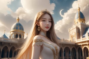 best quality, masterpiece, beautiful and aesthetic, 1 girl, very bright backlighting, solo, {beautiful and detailed eyes}, dazzling moonlight, calm expression, natural and soft light, hair blown by the breeze, delicate facial features, Blunt bangs, beautiful korean girl, eye smile, very small earrings, 18yo, film grain, realhands, shy smile, Realism, looking towards me, body towards me, fantasy landscape, Full length view, half body view, front shot, eye level shot, fantasy background, friendly setting, red and blue dress with gold oranments,  in a city on clouds, with  elegant buildings in the coulds, fantasy like buildings, fantays city in the clouds, living in the clouds, very subtle elegant buildings, ornamented buildings, in the clouds, world of warcraft, Dalaran, Darlaran style, moon arcs, domes, white gld blue dome roofs, a fantasy city in clouds, vivid and lively surroundings,  elegant buildings, sperated bulidings in the sky, moon arcs in the sky, calm and tranquil mood, magical atmosphere, a fairytale oasis filled with magic, houses, building, epic, scenery, living in the clouds, does not even exist, detailed building, subtle architecture, light coloured building, detailed ornaments, with elegant buildings in the coulds, fantays city in the clouds, 1 girl 