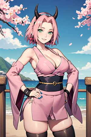 masterpiece, best quality, 1girl,haruno sakura, pink hair, long hair, green eyes, forehead protector, smile, hands on hips, blue sky, cloud, hidden village 

1girl, solo, breasts, looking at viewer, short hair, bangs, large breasts, thighhighs, long sleeves, cleavage, green eyes, pink hair, braid, thighs, cowboy shot, outdoors, parted lips, japanese clothes, horns, black thighhighs, hand up, wide sleeves, kimono, nail polish, fingernails, sash, petals, obi, floral print, cherry blossoms, wristband