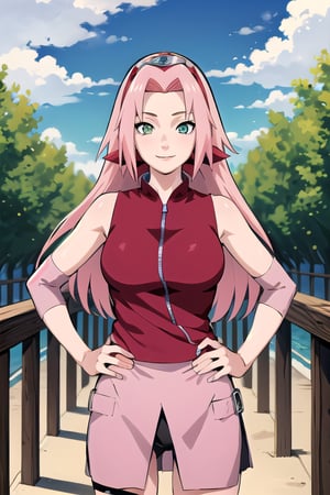 masterpiece, best quality, 1girl,haruno sakura, pink hair, long hair, green eyes, forehead protector, smile, hands on hips, blue sky, cloud, hidden village 