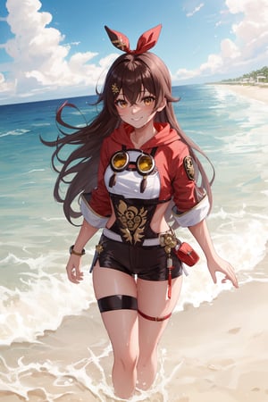 8k, ultrasharp, High quality, high res, master piece, amber5star, 1girl, (sweaty), amberrnd, amber \(genshin impact\), , brown eyes, brown hair, hair between eyes, long hair, bangs, floating hair, hair ornament, red hair ribbon, wearing one piece, micro shorts, short shorts, thighs, medium breasts, looking at viewer, sunlight, sweet smile, Full body, Beach sand and water in the background