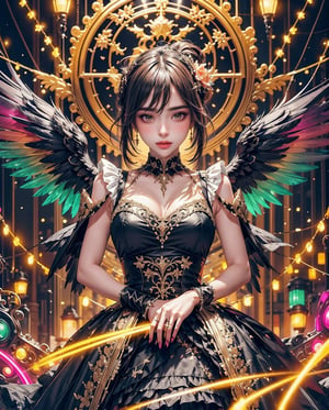 Illustrate a stunning image of a beautiful woman with black wings, adorned in a colorful gown, while neon cables run through her wings, emitting a beautiful array of vibrant lights. Ensure the highest quality of the image, highlighting exquisite details and perfect lighting.
