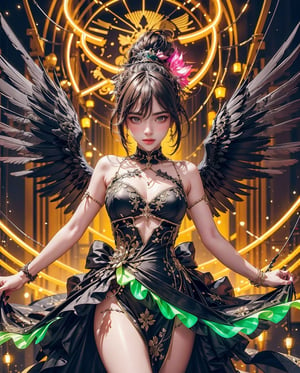 Illustrate a stunning image of a beautiful woman with black wings, adorned in a colorful gown, while neon cables run through her wings, emitting a beautiful array of vibrant lights. Ensure the highest quality of the image, highlighting exquisite details and perfect lighting.
