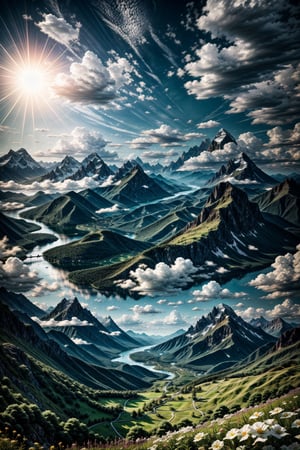 A blue sky filled with white clouds, the clouds are very detailed and have a painterly look, the sky is a deep blue color, there are some mountains in the distance, the image has a peaceful and serene mood, the art style is anime, the artist is Hayao Miyazaki, the camera is positioned at a low angle, the image is well lit, the colors are vibrant, the clouds have a soft texture, the background is a mountain range, the rendering is 3D.