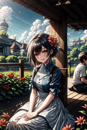 A boy and a girl are sitting on a hill, looking at the view. The boy is wearing a blue shirt and the girl is wearing a white dress. The sky is blue and there are white clouds. The trees are green and the flowers are red. The mood is peaceful and happy.

[boy, girl, sitting, hill, looking at view, blue shirt, white dress, blue sky, white clouds, green trees, red flowers, peaceful, happy], [anime, Makoto Shinkai, Hayao Miyazaki], [camera lens: 35mm, f/1.4, aperture: f/8, shutter speed: 1/125, ISO: 100, lighting: soft, colors: vibrant, effects: depth-of-field, texture: smooth, background: blurred, rendering: realistic]