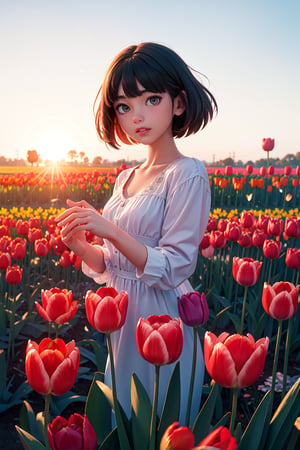 absurdres,  highres,  ultra detailed,  (1girl:1.3), smile , sunlight , lens flare reflection,lomography,  analog photography,  vibrant colors,  soft focus,  light leaks,  dreamy atmosphere,  experimental charm,  nostalgic appeal, looking into the viewer, tulips flower farm in bg, holding 1 tulip flower in right hand, perfect fingers,