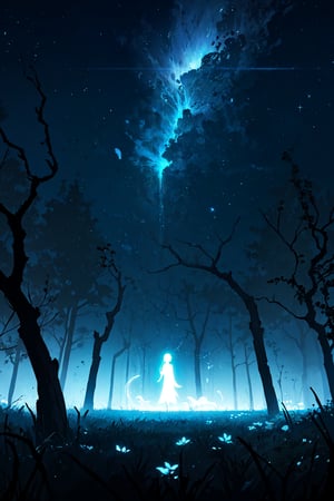 (masterpiece),  best quality,  high resolution,  highly detailed,  detailed background,  cinematic light,  1 girl,  (Athena),  night,  dark sky,  luminous tree,  giant tree,  white bark with blue luminous veins,  white leaves,  stars,  blue tones,  wallpapers,  high quality,  glow,  magic,,,High detailed ,Color magic Athena