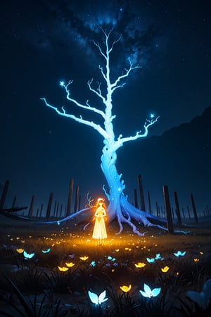 (masterpiece),  best quality,  high resolution,  highly detailed,  detailed background,  cinematic light,  1 girl,  (Athena),  night,  dark sky,  luminous tree,  giant tree,  white bark with blue luminous veins,  white leaves,  stars,  blue tones,  wallpapers,  high quality,  glow,  magic,,,High detailed ,Color magic Athena