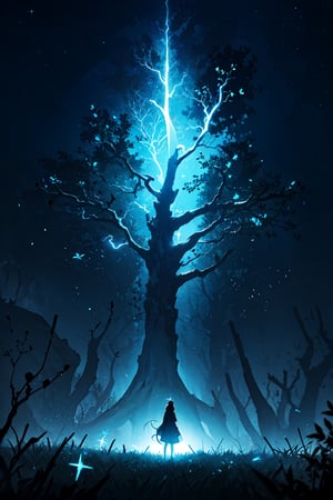 (masterpiece),  best quality,  high resolution,  highly detailed,  detailed background,  cinematic light,  1 girl,  (Athena),  night,  dark sky,  luminous tree,  giant tree,  white bark with blue luminous veins,  white leaves,  stars,  blue tones,  wallpapers,  high quality,  glow,  magic,,,High detailed ,Color magic Athena