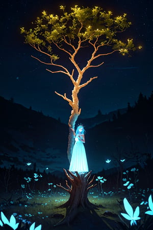 (masterpiece),  best quality,  high resolution,  highly detailed,  detailed background,  cinematic light,  1 girl,  (Athena),  night,  dark sky,  luminous tree,  giant tree,  white bark with blue luminous veins,  white leaves,  stars,  blue tones,  wallpapers,  high quality,  glow,  magic,,,High detailed ,Color magic Athena