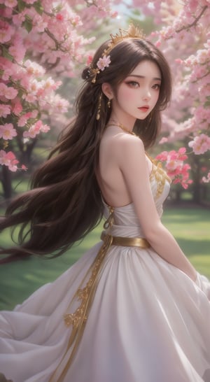 Captured from a high-angle perspective, a beautiful Asian woman, dressed in a white dress adorned with gold accents, is adorned with a gold crown. Her long brown hair cascades over her shoulders, adding a touch of beauty to the scene. Her dress is adorned adorned with golden accents, a white belt, and a gold necklace. Her eyes are a piercing blue, while her hair is a darker shade of brown. Her hands are delicate, adding depth to the composition. The background is a light blue, with cherry blossoms adding a pop of color to the otherwise monochromatic scene.