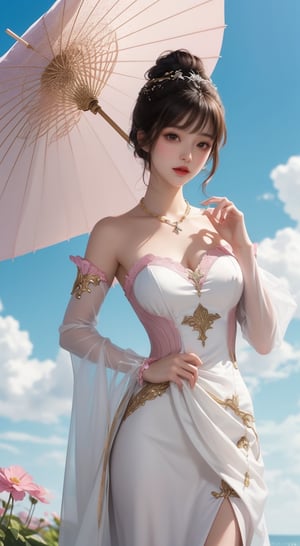 a medium-sized Japanese girl, dressed in a white strapless dress adorned with pink and white flowers. She is holding a pink parasol in her right hand, her left hand resting on her hip. Her right hand is draped in a gold chain, adding a touch of color to the scene. The parasol, a vibrant shade of pink, is adorned with a few white flowers, adding depth to the composition. The background is a light blue, with white clouds, creating a soft contrast to the girl's dress.