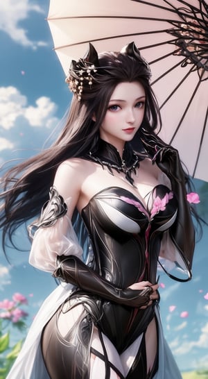 a medium-sized Japanese girl, dressed in a black  strapless dress adorned with purple and white flowers. She is holding a pink parasol in her right hand, her left hand resting on her hip. Her right hand is draped in a gold chain, adding a touch of color to the scene. The parasol, a vibrant shade of pink, is adorned with a few white flowers, adding depth to the composition. The background is a light blue, with white clouds, creating a soft contrast to the girl's dress.