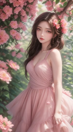 An animated image of a woman in a pink dress with long brown hair. The woman is standing on a branch with pink flowers. There is a white rabbit on the left side of the image. There are white stars in the sky behind the woman.