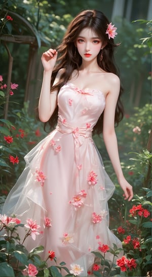 a woman dressed in a light pink strapless gown adorned with pink flowers. Her hair is long and cascades down to her shoulders. She is standing in a garden filled with lush green plants and flowers, adding a touch of color to the scene. The woman's dress is adorned with a white bow at the neckline, a white belt around her waist, and a white ribbon tied around the waist. Her left hand is positioned in the air, while her right hand rests on her hip. The background is blurred, creating a peaceful and serene atmosphere.