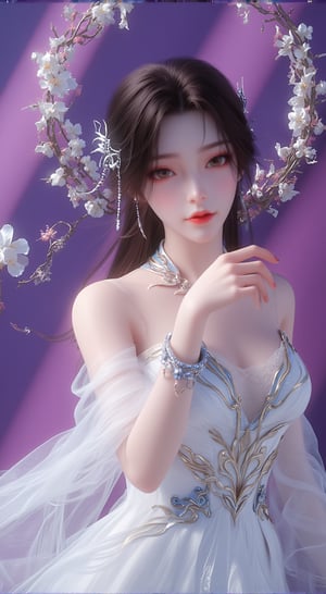 a medium-angle shot captures a beautiful Asian woman in a flowing white dress, adorned with a necklace and bracelets. Her hair is adorned with white flowers, adding a touch of beauty to the scene. The woman's dress is adorned adorned with blue beads and a necklace, while her left hand rests on her hip. Her left hand is positioned in front of her face, adding depth to the composition. The backdrop is a vibrant shade of purple, with a wreath of white flowers on the left side of the frame.