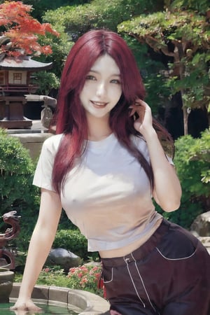 photorealistic, masterpiece, best quality, raw photo, 1girl, solo, long hair, dark red hair, detailed face, alluring face, short t-shirt, large breasts, full body, opan smile, dynamic pose, looking at viewer, detailed background, japanese bonzai garden with fountain
