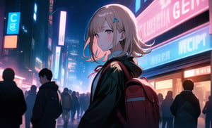 isshiki \(ffmania7\), 1girl, nanami chiaki, danganronpa \(series\), ornament,lack jacket,long sleeves,two-tone shirt,neck ribbon,brown skirt,thighhighs,backpack, sidewalk, solo focus,(face focus:1.1), city,night,neon lights,building,city lights,lamppost,outdoors,multiple boys,cyberpunk,crowd, very aesthetic,best quality,official art,photo background,masterpiece,(beautiful eyes),megami magazine