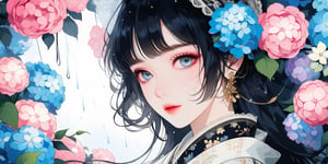 A stunning young woman dressed in modern-style attire, modernism, 2D, anime, 2d illust, (Anime Illustration:1.4), white lace dress, bracelets, (masterpiece, top quality, best quality, official art, beautiful and aesthetic:1.2), (japanese girl), black hair, wet, plants, pink flower, (hydrangea, blue flower),(rain:1.2), (lights reflection),outdoors, portrait, extreme detailed, (fractal art:1.3), highest detailed, depth of field,amazing quality, score_9, score_8_up,REALISTIC