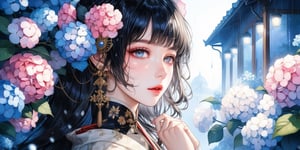 A stunning young woman dressed in modern-style attire, modernism, 2D, anime, 2d illust, (Anime Illustration:1.4), white lace dress, bracelets, (masterpiece, top quality, best quality, official art, beautiful and aesthetic:1.2), (japanese girl), black hair, wet, plants, pink flower, (hydrangea, blue flower),(rain:1.2), (lights reflection),outdoors, portrait, extreme detailed, (fractal art:1.3), highest detailed, depth of field,amazing quality, score_9, score_8_up,REALISTIC, in the style of esao andrews